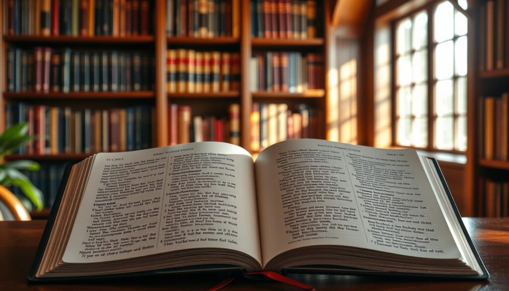 A serene library setting showcasing two open Bibles, one with modern, legible text and the other with more traditional script, surrounded by richly colored bookshelves filled with various translations.