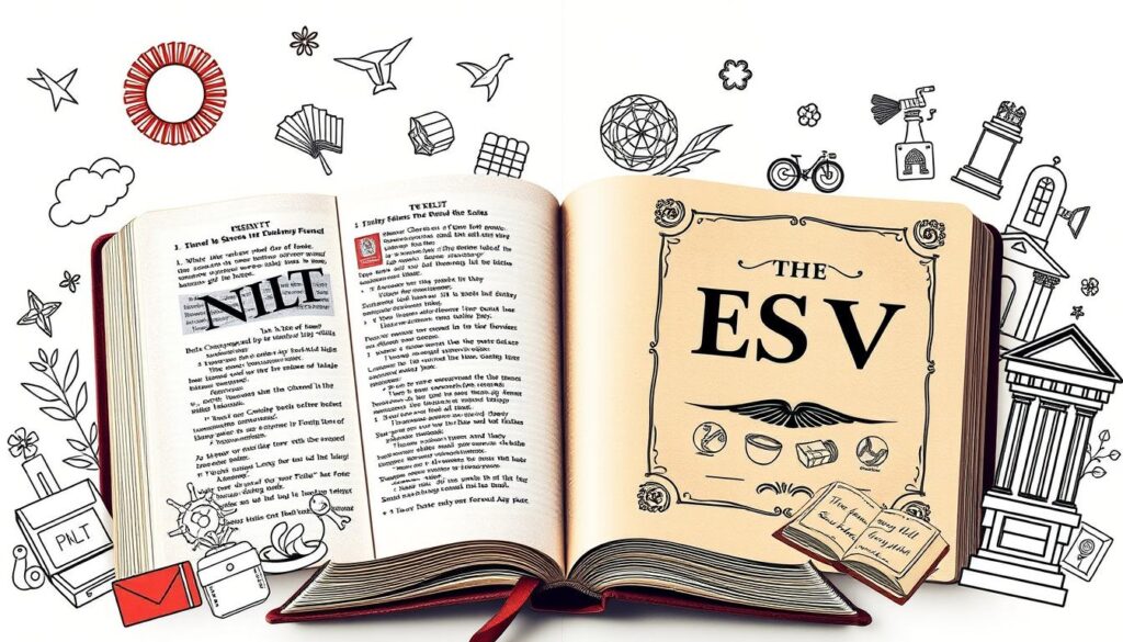 A visually engaging split image showcasing two distinct open Bibles, one representing the NLT translation with softer, more modern illustrations and the other representing the ESV translation 