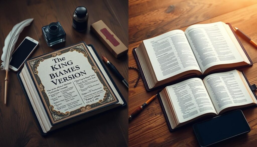 A split image showcasing two open Bibles on a wooden table, one featuring a richly decorated cover representing the King James Version with ornate gold lettering