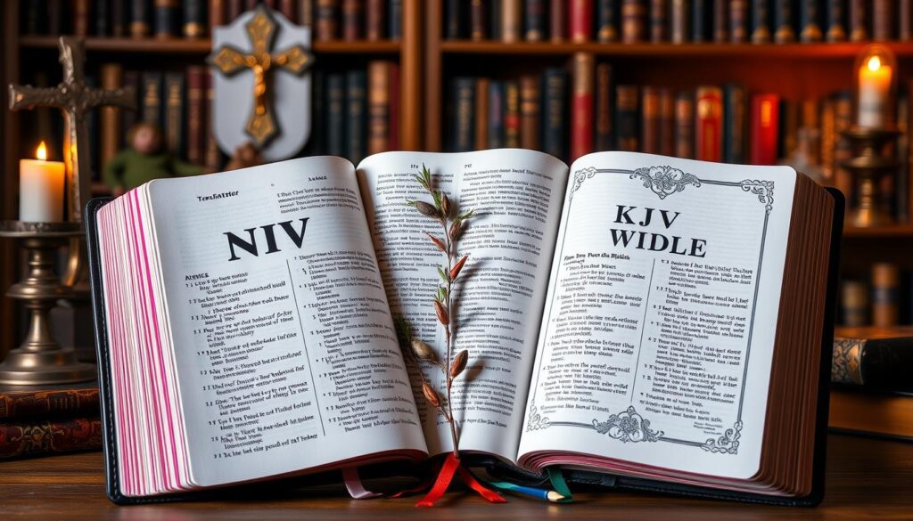 A visually striking composition showcasing two open Bibles side by side, one representing the NIV translation with a modern, vibrant design and the other symbolizing the KJV translation with a classic, ornate style.