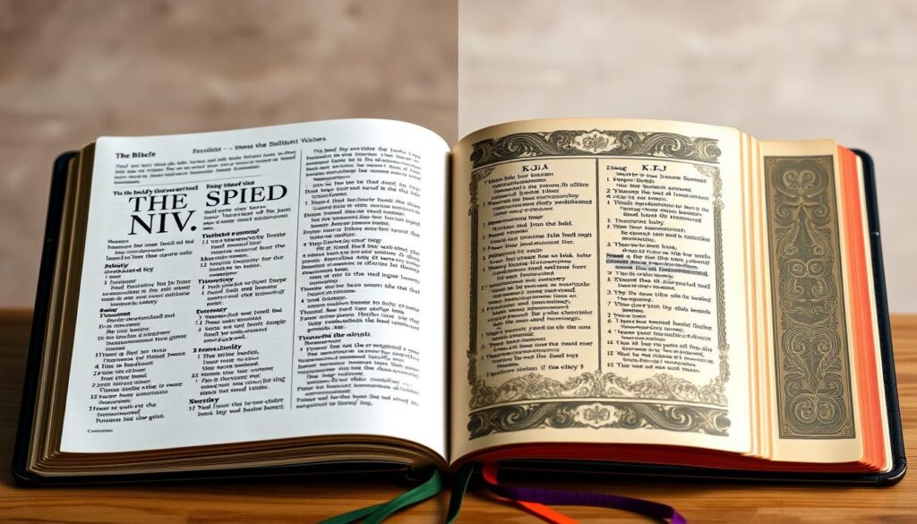 A split image depicting two open Bibles side by side, one representing the NIV with modern design elements and a light color palette, and the other representing the KJV with classic, ornate illustrations and a rich, dark color