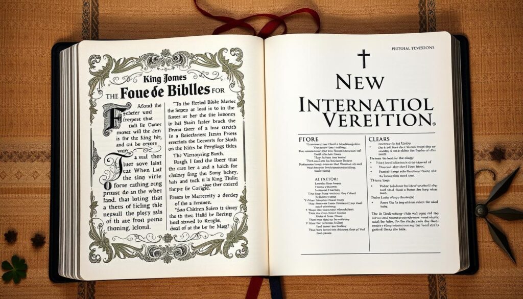 A split canvas showcasing two distinct styles of a Bible page; on the left, an ornate and traditional layout with elegant calligraphy reflecting the King James Version, rich in historical texture and classic illumination.