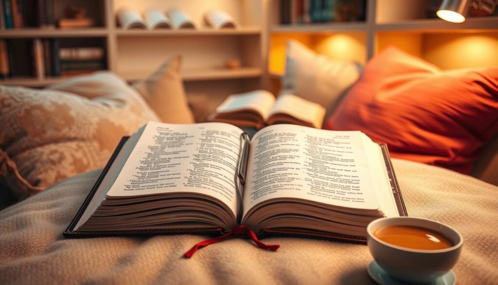 A beautifully arranged open Bible with highlighted passages, surrounded by warm, inviting lighting, a cozy reading nook with comfortable cushions, and a cup of coffee placed nearby. 