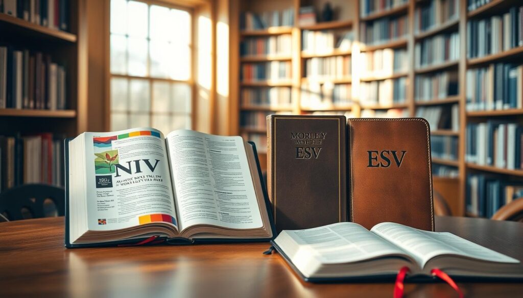 A serene library scene featuring two open Bibles side by side, one with a modern, colorful cover representing the NIV translation and the other with a classic leather-bound design symbolizing the ESV translation.