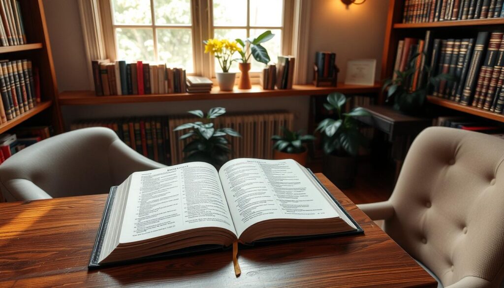 A serene study room with an open English Standard Version Bible on a wooden desk, soft natural light filtering through a window, surrounding shelves filled with classic literature and religious texts