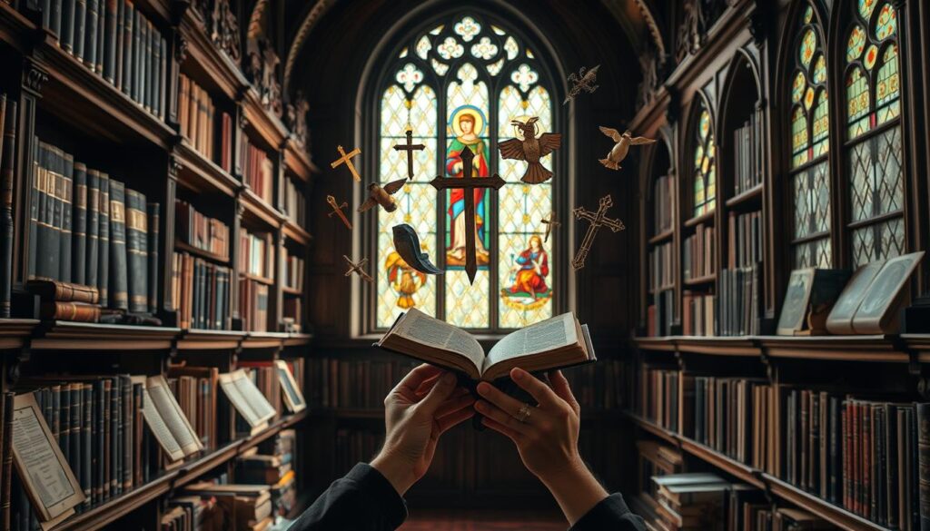 A serene library scene featuring two open Bibles side by side, one with a modern, colorful cover representing the NIV translation and the other with a classic leather-bound design symbolizing the ESV translation.