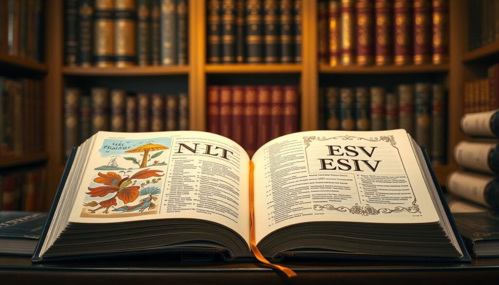 An artistic representation of two open Bibles side by side, one with a modern, colorful cover symbolizing the NLT translation and the other with a classic, ornate cover representing the ESV translation.