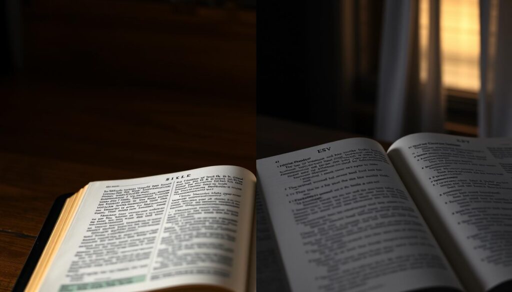 A split scene featuring two open Bibles, one on the left with a bright, inviting atmosphere symbolizing accessibility and ease of understanding, and the other on the right in a more traditional