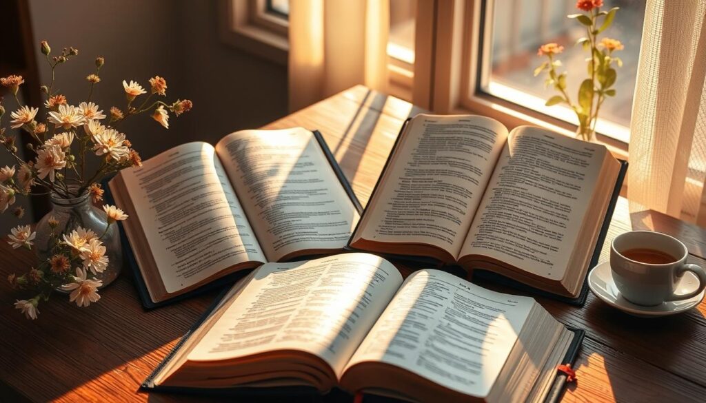 An artistic arrangement of an open NLT Bible and an open ESV Bible on a wooden table, softly illuminated by warm sunlight filtering through a nearby window