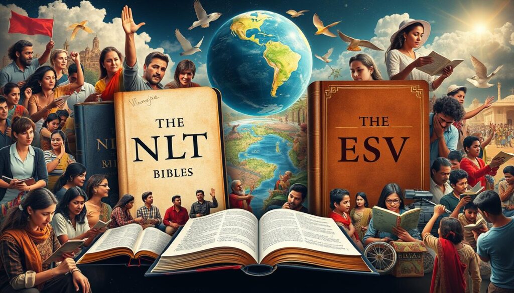 A visually striking collage representing the popularity of different Bible translations, featuring the NLT vs ESV prominently. Artistic representations of each Bible, surrounded by various symbolic elements like a globe