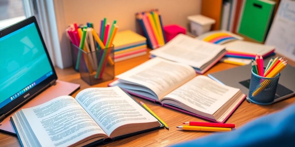 Study space with books, stationery, and a laptop.