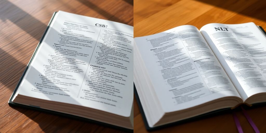 Two open Bibles: CSB and NLT on a table.